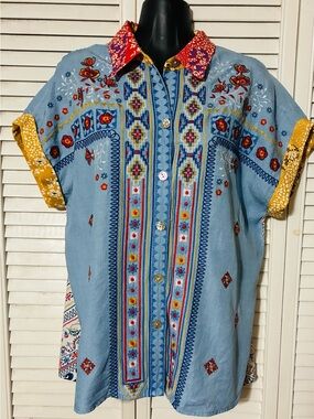 John Mark Boho embroidered  Button-Front Top. Colorful!